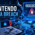 Nintendo Data Breach concept showing a Nintendo console, cybersecurity warning screen, digital padlocks, microchips, and glowing electronic circuits representing employee data exposure, cyber threats, and information security risks.