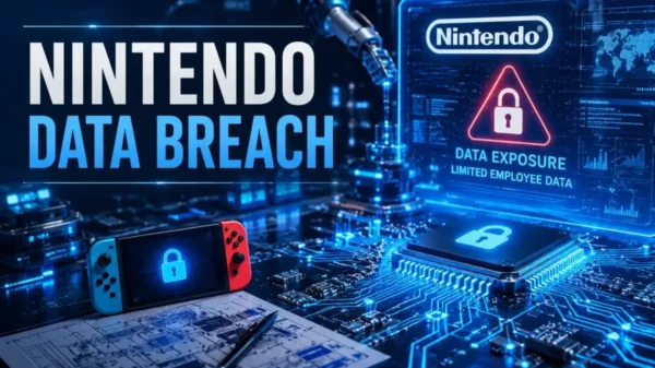 Nintendo Data Breach concept showing a Nintendo console, cybersecurity warning screen, digital padlocks, microchips, and glowing electronic circuits representing employee data exposure, cyber threats, and information security risks.