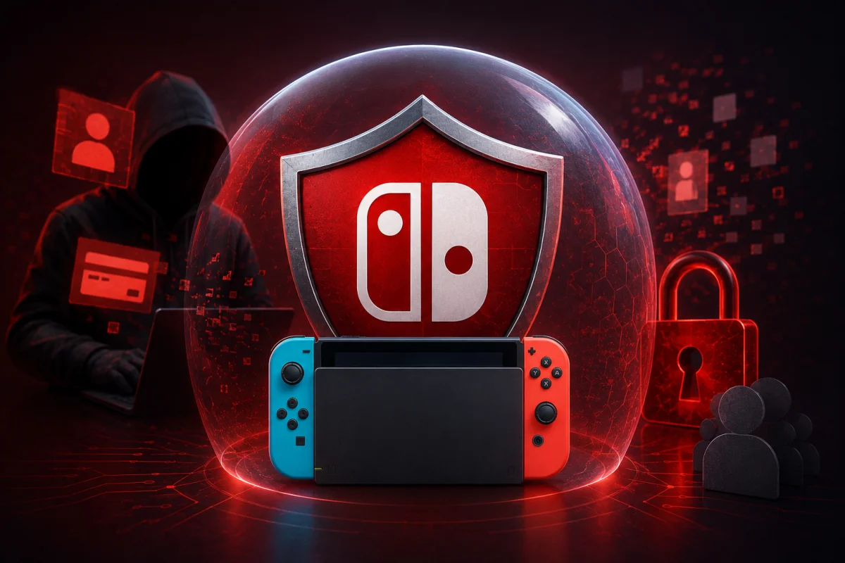 Nintendo gaming console protected by a digital security shield while a hacker silhouette and cybersecurity threat symbols appear in the background, representing data breach risks and user data protection.