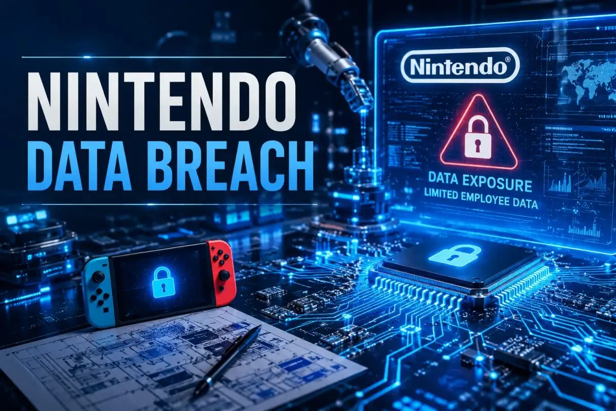 Nintendo Data Breach concept showing a Nintendo console, cybersecurity warning screen, digital padlocks, microchips, and glowing electronic circuits representing employee data exposure, cyber threats, and information security risks.