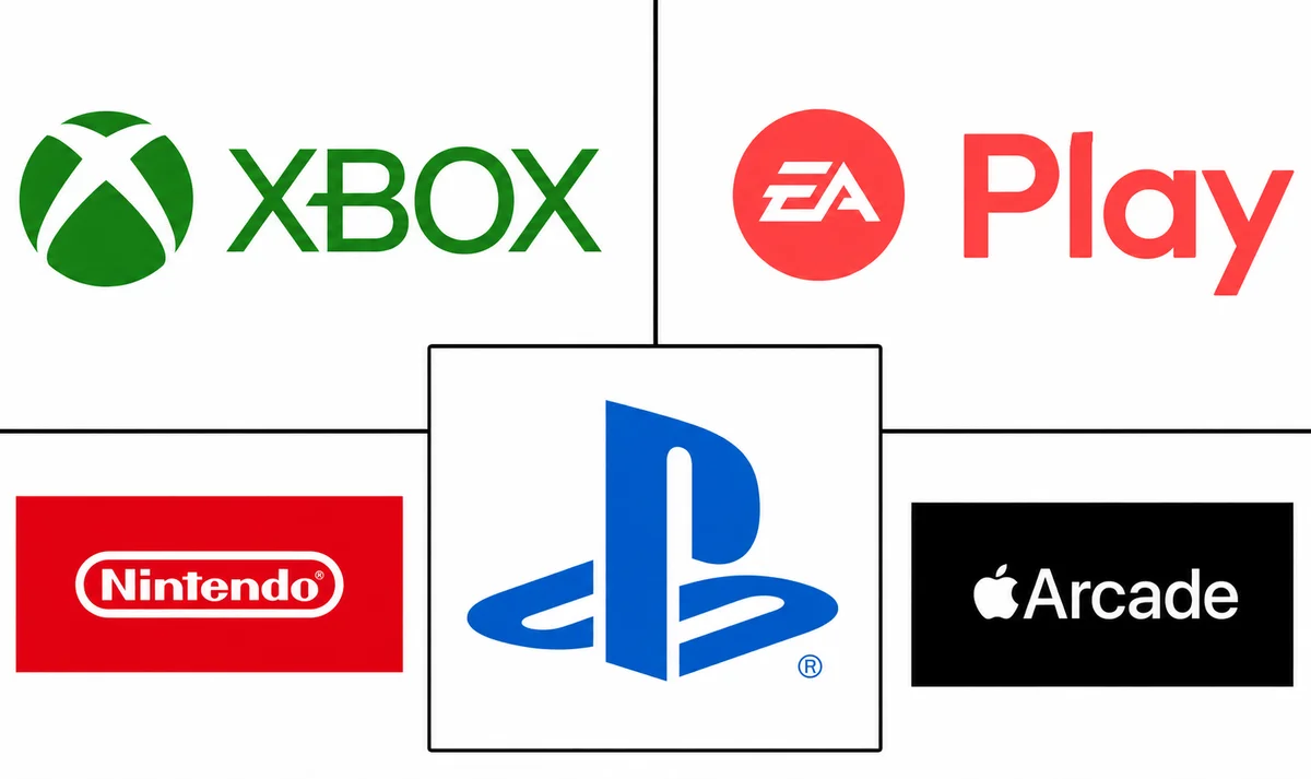 Nintendo Direct-themed image featuring Nintendo, PlayStation, Xbox, EA Play, and Apple Arcade logos, representing gaming platforms, subscription services, and industry competition in 2026.