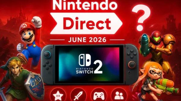 Nintendo Direct June 2026 featured image showing a Nintendo Switch 2 console surrounded by gaming-inspired characters and icons, representing upcoming game announcements and Nintendo news.