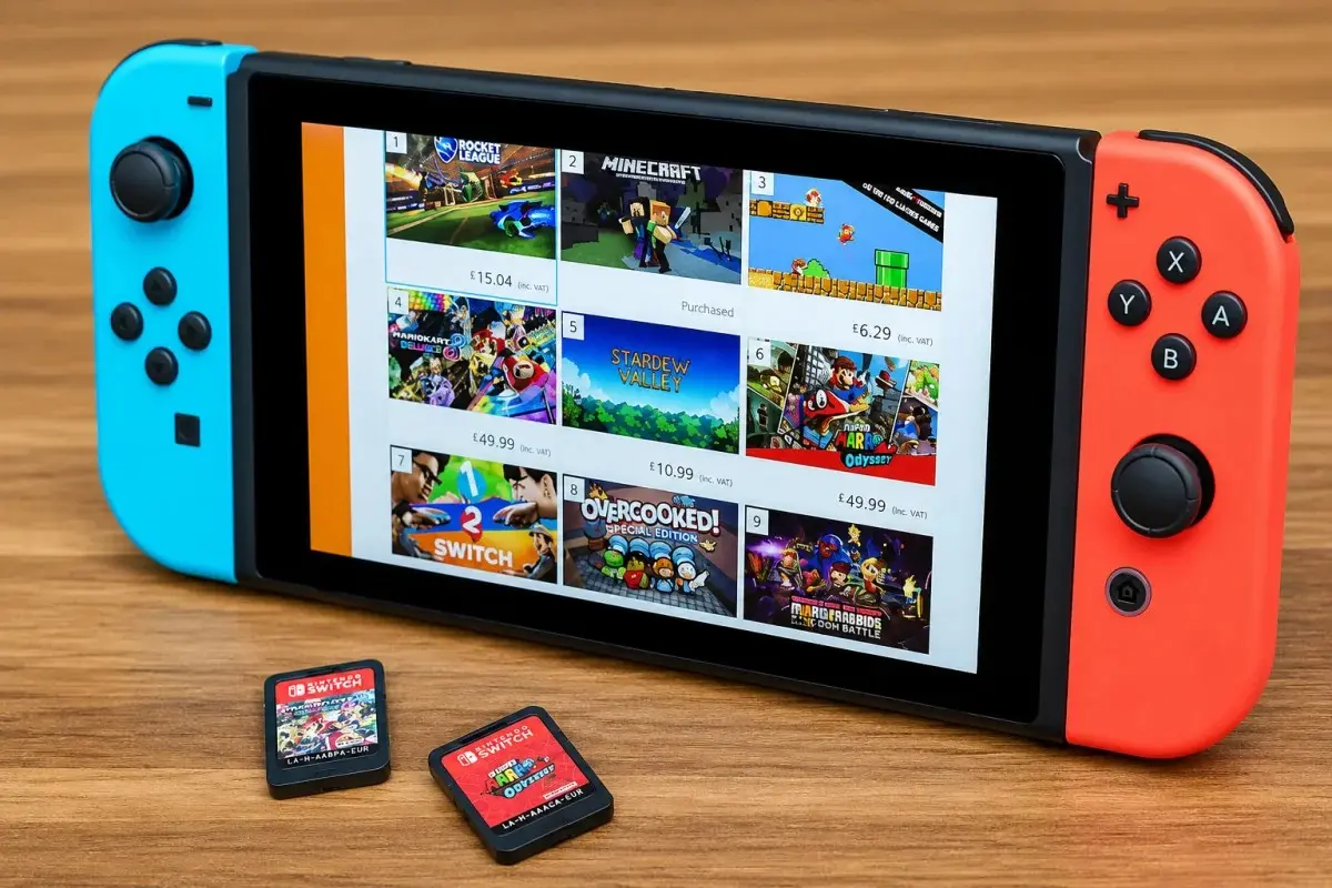 Nintendo Direct-inspired image showing a Nintendo Switch console with colorful games displayed on the screen and game cartridges in the foreground, representing upcoming Nintendo game reveals and gaming showcase announcements.