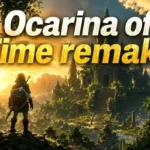 Ocarina of Time remake inspired fantasy artwork showing a heroic figure facing an ancient temple in a lush landscape with magical sunrise lighting and cinematic adventure atmosphere.
