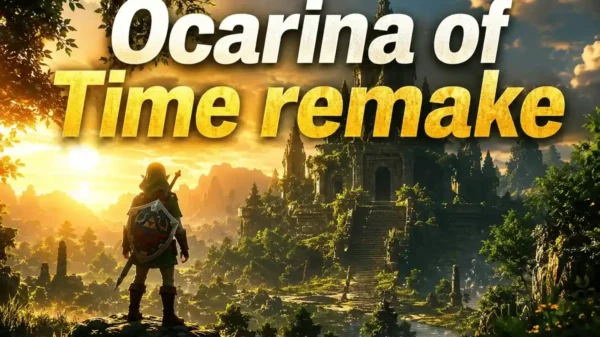 Ocarina of Time remake inspired fantasy artwork showing a heroic figure facing an ancient temple in a lush landscape with magical sunrise lighting and cinematic adventure atmosphere.