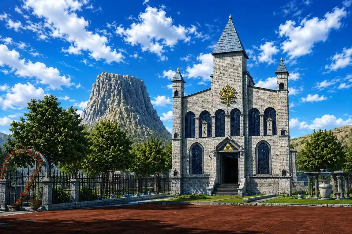 HD fantasy castle surrounded by trees and mountains, inspired by the epic atmosphere and world design of an Ocarina of Time remake.
