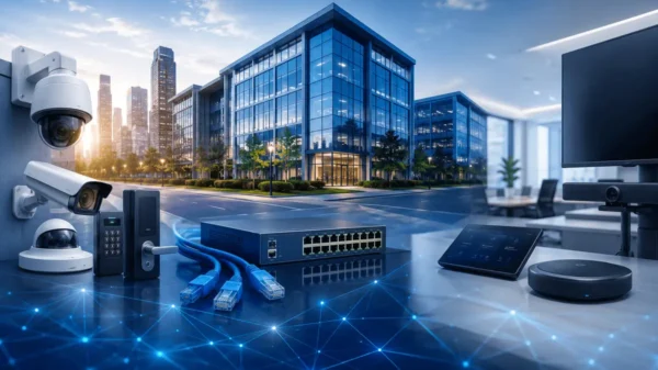 Paladin Technologies integrated security systems, networking infrastructure, surveillance technology, and smart building solutions in a modern corporate environment.