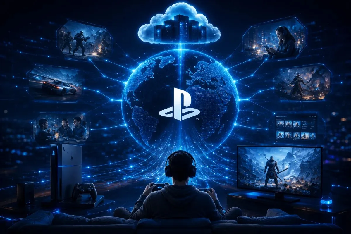 PlayStation Network concept image featuring a gamer using a PlayStation console, a glowing digital globe with the PlayStation logo, cloud gaming infrastructure, online multiplayer experiences, game streaming services, and worldwide network connectivity.