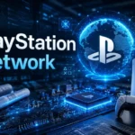 PlayStation Network illustration featuring a PS5 console, DualSense controller, glowing digital globe, and advanced network technology representing online gaming, multiplayer connectivity, and PlayStation services.