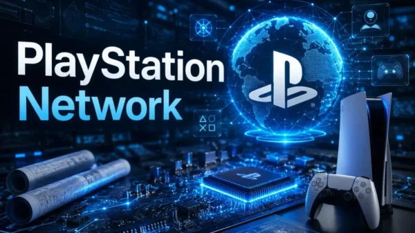 PlayStation Network illustration featuring a PS5 console, DualSense controller, glowing digital globe, and advanced network technology representing online gaming, multiplayer connectivity, and PlayStation services.