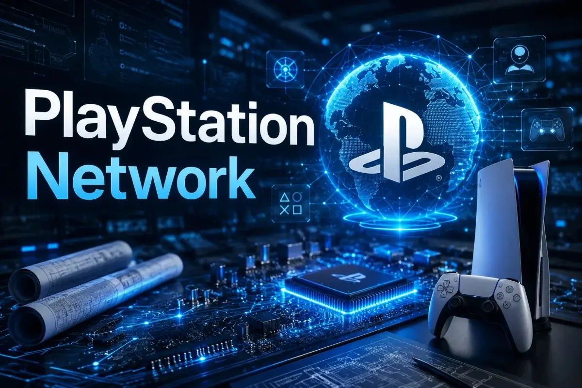 PlayStation Network illustration featuring a PS5 console, DualSense controller, glowing digital globe, and advanced network technology representing online gaming, multiplayer connectivity, and PlayStation services.