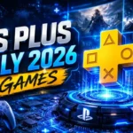 PS Plus July 2026 Games featured banner showing a futuristic PlayStation Plus design with neon blue digital technology, gaming imagery, holographic effects, and modern gaming network visuals.