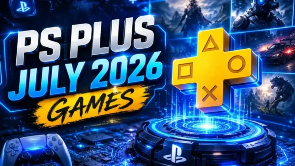 PS Plus July 2026 Games featured banner showing a futuristic PlayStation Plus design with neon blue digital technology, gaming imagery, holographic effects, and modern gaming network visuals.