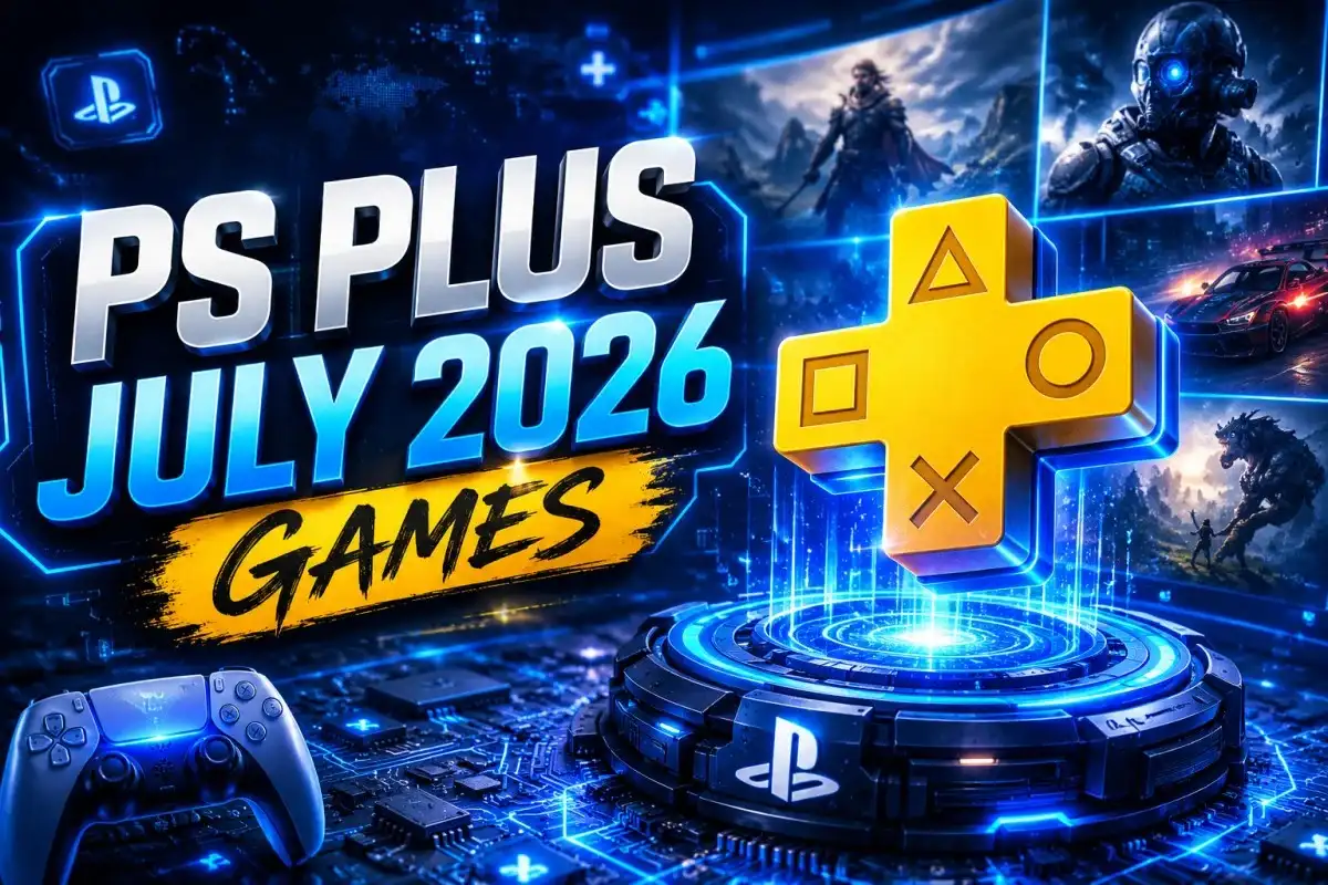 PS Plus July 2026 Games featured banner showing a futuristic PlayStation Plus design with neon blue digital technology, gaming imagery, holographic effects, and modern gaming network visuals.