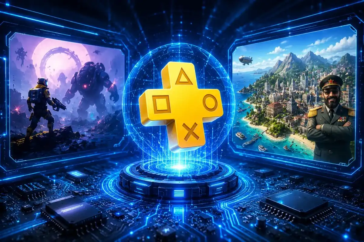 PS Plus July 2026 Games featured banner with futuristic electronic circuits, glowing blue digital networks, holographic interfaces, microchips, and gaming-inspired visuals representing notable exits including Risk of Rain 2 and Tropico 6.