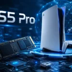 PS5 Pro console with high-speed SSD, digital circuits, microchips, and futuristic holographic technology representing gaming performance and storage upgrades.