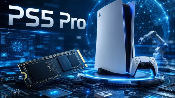 PS5 Pro console with high-speed SSD, digital circuits, microchips, and futuristic holographic technology representing gaming performance and storage upgrades.