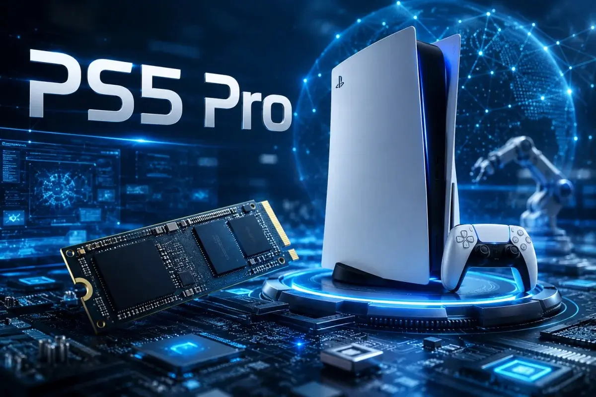 PS5 Pro console with high-speed SSD, digital circuits, microchips, and futuristic holographic technology representing gaming performance and storage upgrades.