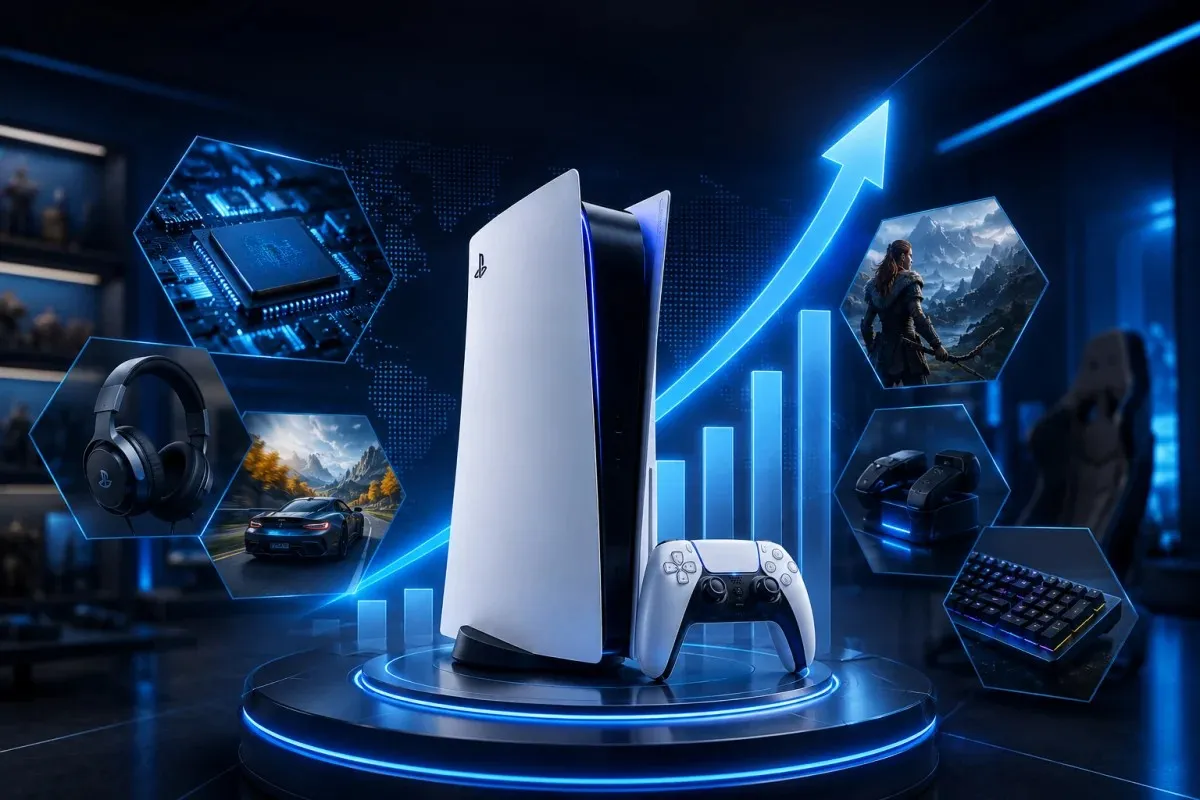 PS5 Pro surrounded by gaming accessories, digital performance graphics, advanced technology elements, and market growth visuals representing the premium gaming market.