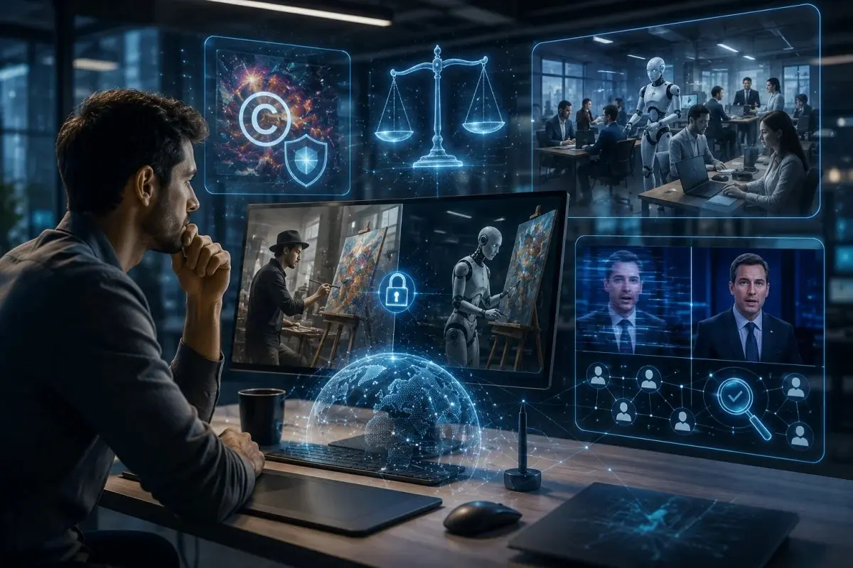 Professional reviewing AI-generated content in a futuristic workspace with holographic interfaces, illustrating copyright protection, AI and human collaboration, job transformation, and trust in AI-generated information.