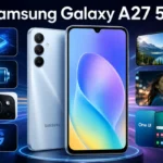 Samsung Galaxy A27 5G smartphone highlighting AI camera, fast processor, AMOLED display, long battery life, 5G connectivity, and One UI software features.