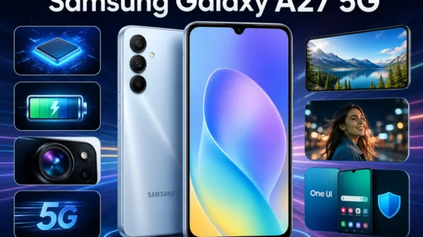 Samsung Galaxy A27 5G smartphone highlighting AI camera, fast processor, AMOLED display, long battery life, 5G connectivity, and One UI software features.