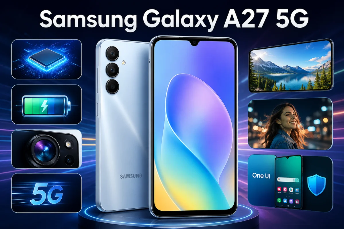 Samsung Galaxy A27 5G smartphone highlighting AI camera, fast processor, AMOLED display, long battery life, 5G connectivity, and One UI software features.