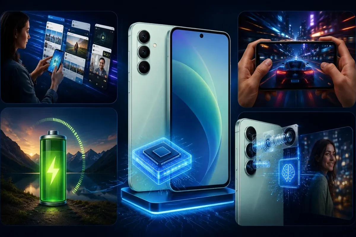 Samsung Galaxy A27 5G illustrating faster processor, smooth multitasking, improved gaming performance, AI-powered camera features, efficient battery, and modern software experience.