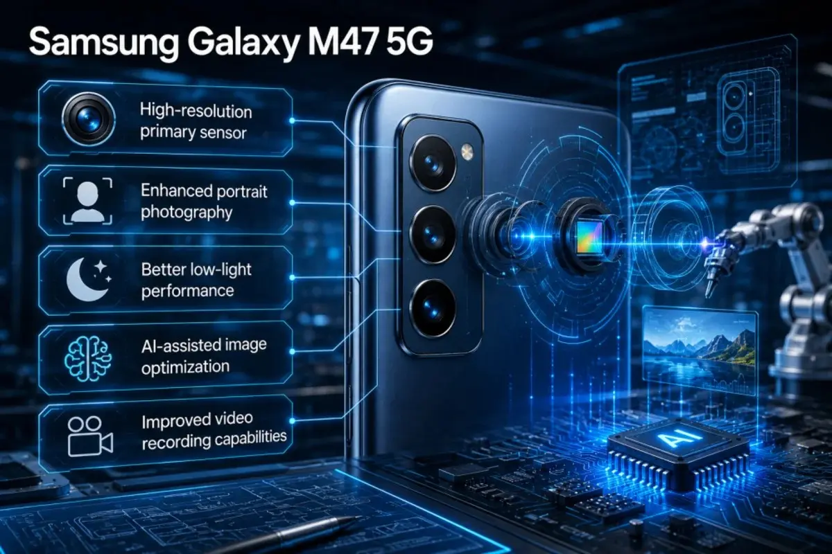 Samsung Galaxy M47 5G smartphone featuring camera system rumors, high-resolution primary sensor, enhanced portrait photography, better low-light performance, AI-assisted image optimization, and improved video recording capabilities in a futuristic technology environment.