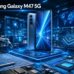 Samsung Galaxy M47 5G featured in a futuristic technology environment with glowing microchips, AI interfaces, digital network connections, holographic displays, and modern engineering workspace elements.