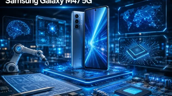 Samsung Galaxy M47 5G featured in a futuristic technology environment with glowing microchips, AI interfaces, digital network connections, holographic displays, and modern engineering workspace elements.