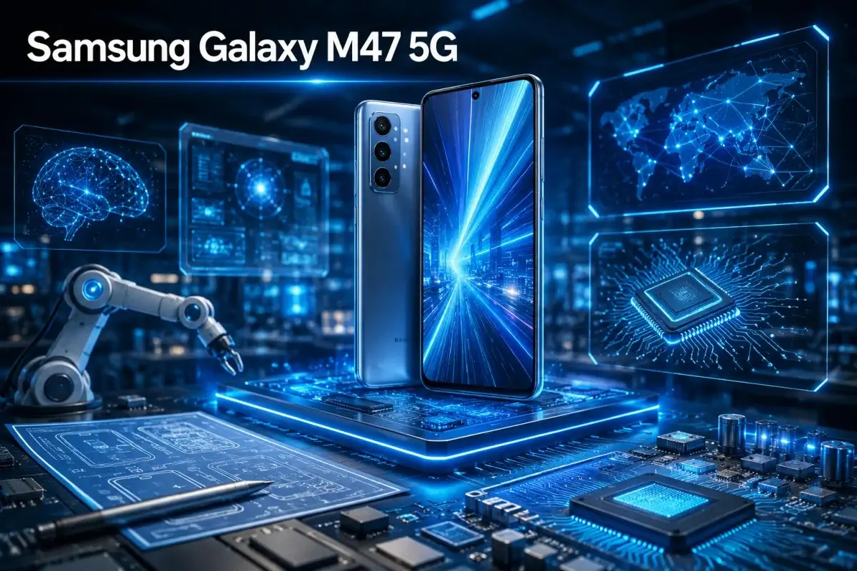 Samsung Galaxy M47 5G featured in a futuristic technology environment with glowing microchips, AI interfaces, digital network connections, holographic displays, and modern engineering workspace elements.