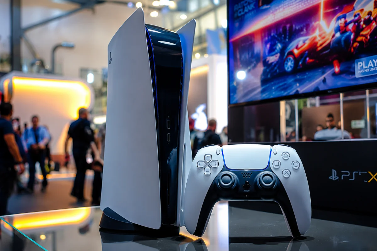 Sony PlayStation Cloud Gaming display featuring a PlayStation console and controller in a modern gaming environment, representing advanced cloud gaming and digital entertainment services.
