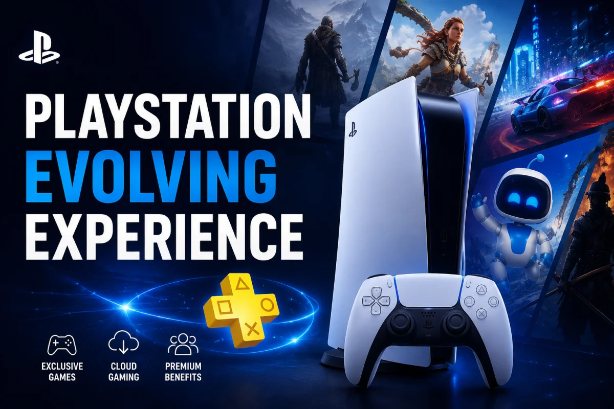 Sony PlayStation console with exclusive games, cloud gaming features, and premium subscription benefits representing the evolving PlayStation experience in 2026.