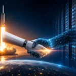 SpaceX-inspired rocket launch beside AI data center servers with a futuristic robotic handshake symbolizing advanced computing infrastructure and artificial intelligence growth.