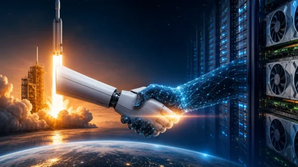 SpaceX-inspired rocket launch beside AI data center servers with a futuristic robotic handshake symbolizing advanced computing infrastructure and artificial intelligence growth.