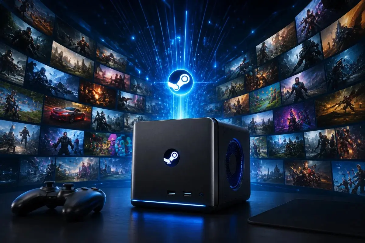 Steam Machine connected to a large digital gaming library with multiple game screens highlighting expanding game compatibility and PC gaming growth.