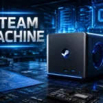 Steam Machine gaming hardware in a futuristic technology workspace with holographic displays, electronic circuits, and advanced engineering elements.