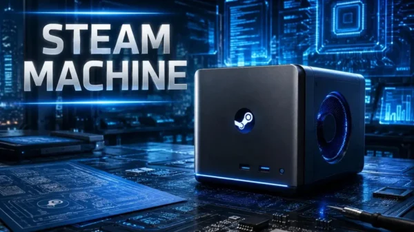 Steam Machine gaming hardware in a futuristic technology workspace with holographic displays, electronic circuits, and advanced engineering elements.