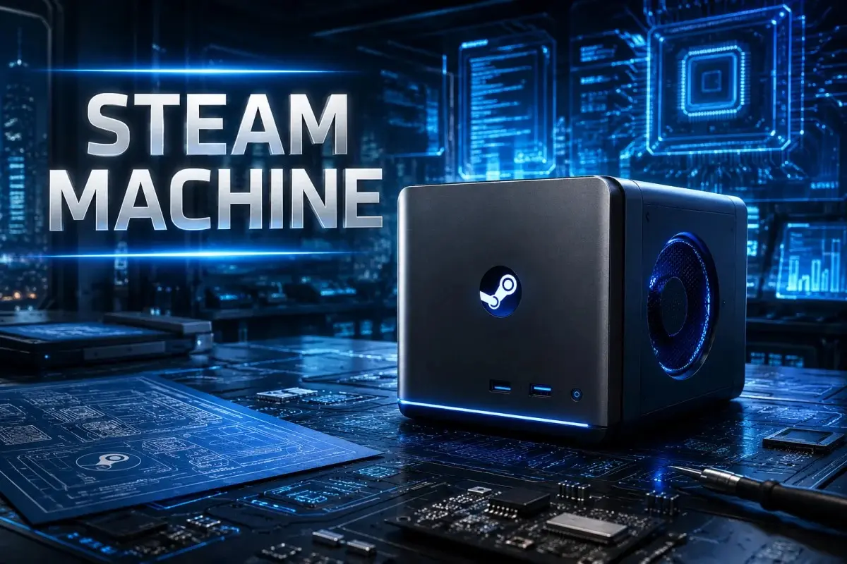 Steam Machine gaming hardware in a futuristic technology workspace with holographic displays, electronic circuits, and advanced engineering elements.