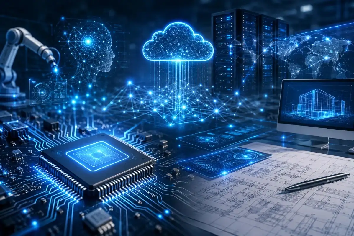 Technology background showing advanced microchips, AI-inspired digital networks, cloud computing elements, holographic interfaces, server systems, and engineering blueprints in a futuristic neon blue environment.