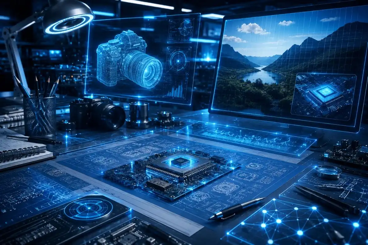 Technology background showing a futuristic workstation with holographic camera visualization, microchip circuitry, digital blueprints, network connections, and advanced computing displays.