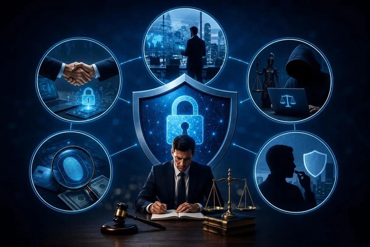 Cybersecurity lawyer concept image featuring a central legal professional surrounded by visual representations of a Cybersecurity Corporate Lawyer, Cybersecurity Fraud Lawyer, Cybersecurity Risk Lawyer, Cybersecurity Whistleblower Lawyer, and Cybersecurity Planning Lawyer, with digital security, cybercrime, compliance, and risk management elements.