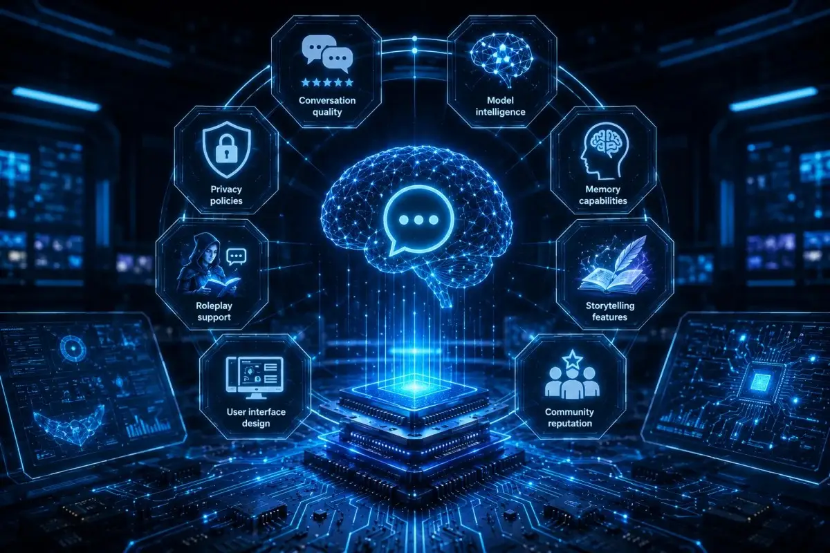 Futuristic unfiltered AI chat platform selection concept with holographic AI brain, microchips, digital networks, conversation quality, privacy controls, memory capabilities, storytelling features, and advanced technology interfaces in a neon blue engineering environment.