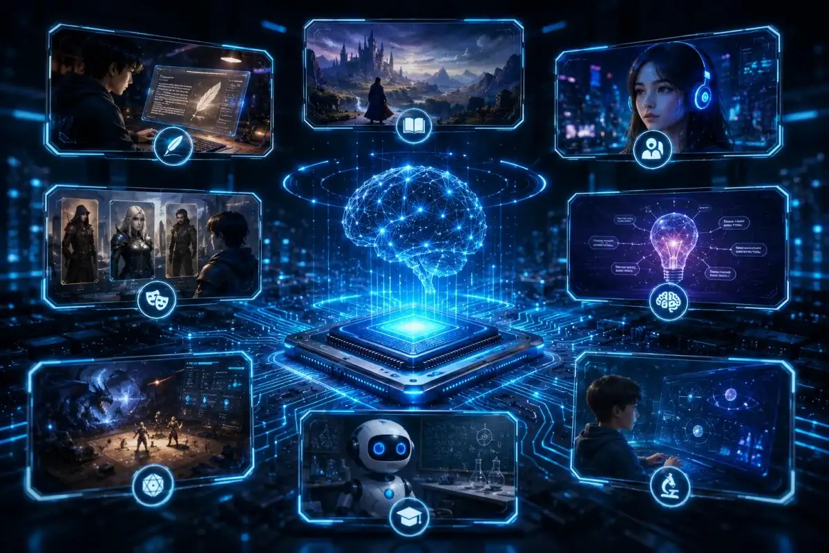 Unfiltered AI content creation platforms featuring a holographic AI brain above a microchip, surrounded by writing tools, virtual characters, AI assistants, educational systems, gaming environments, and scientific research interfaces in a futuristic technology setting.