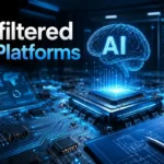 Unfiltered AI platforms concept showing a glowing AI brain hologram above a microchip with advanced circuits, digital dashboards, data analytics screens, and futuristic technology infrastructure.
