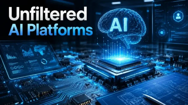 Unfiltered AI platforms concept showing a glowing AI brain hologram above a microchip with advanced circuits, digital dashboards, data analytics screens, and futuristic technology infrastructure.
