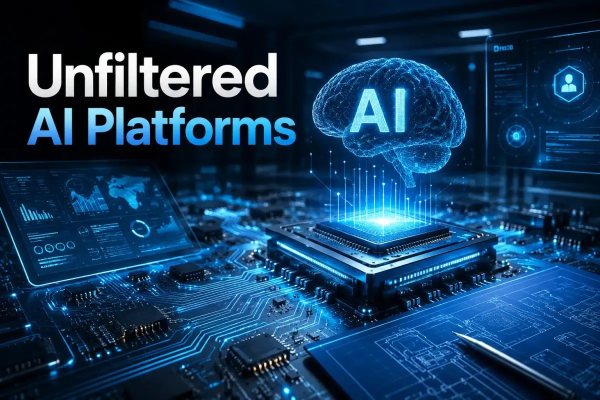 Unfiltered AI platforms concept showing a glowing AI brain hologram above a microchip with advanced circuits, digital dashboards, data analytics screens, and futuristic technology infrastructure.