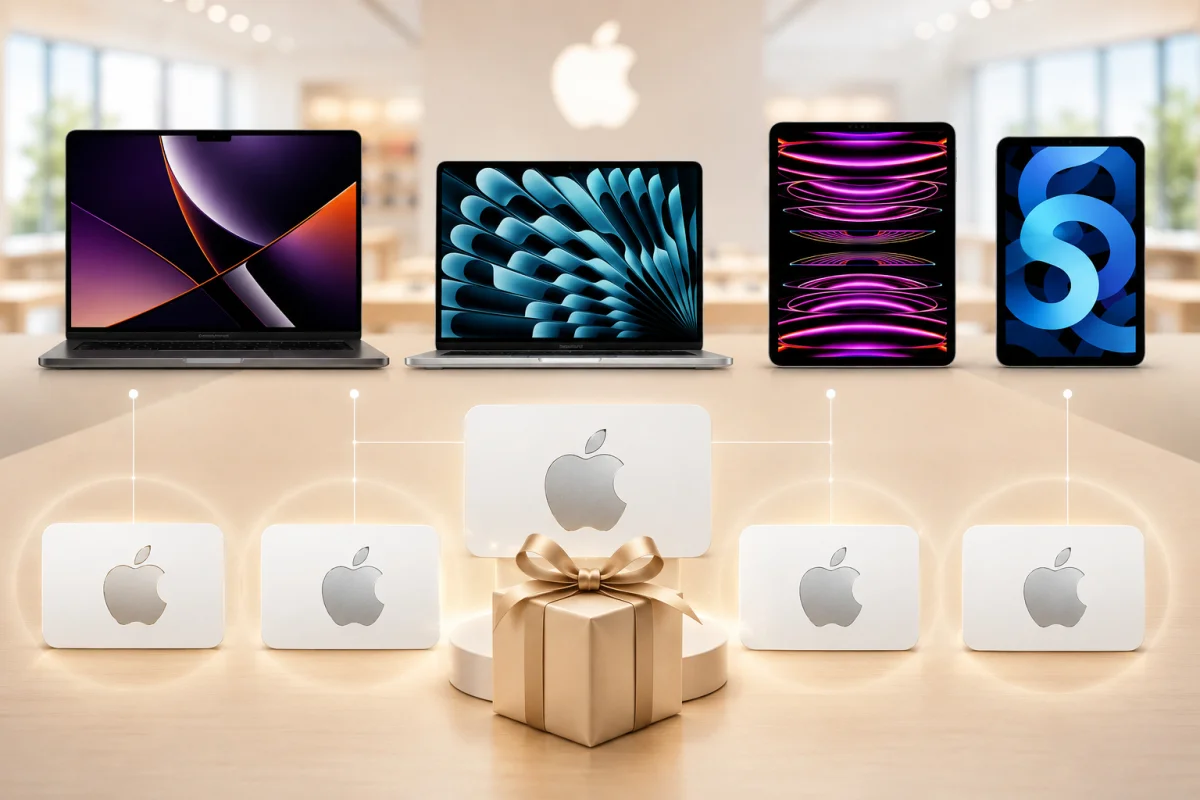 Eligible MacBook Pro, MacBook Air, iPad Pro, and iPad Air displayed with Apple gift cards, illustrating the Apple AirPod savings options available through Apple's 2026 Back to School promotion.