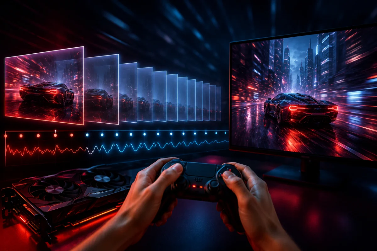 AMD Radeon graphics card powering AI-enhanced frame generation for a fast-paced racing game, representing AMD Multi Frame Generation, frame pacing improvements, and smooth gaming performance with no text.